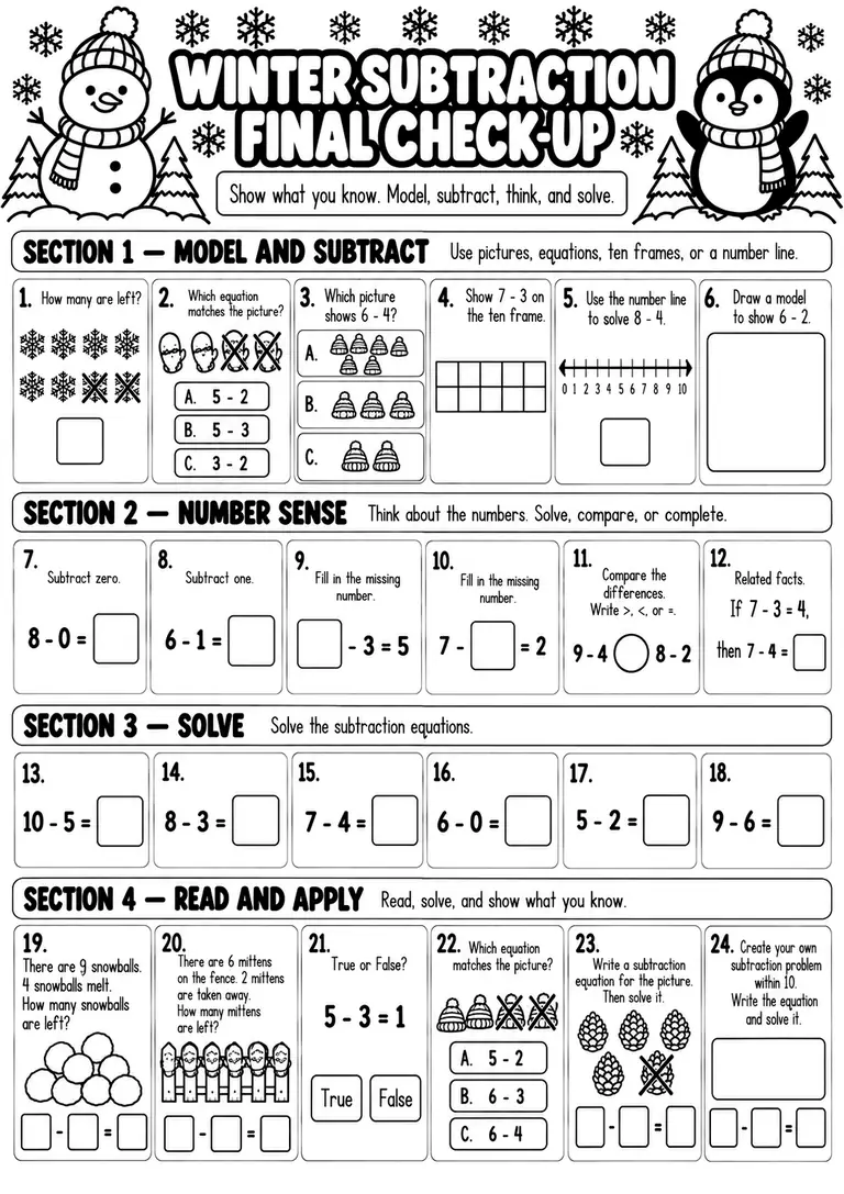 Winter Subtraction Final Check-Up for Kindergarten, 1st Grade