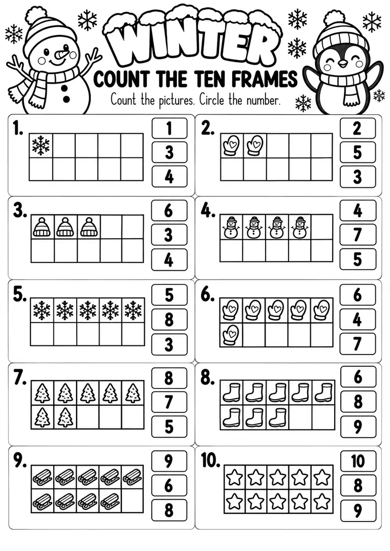 Winter Count the Ten Frames for Pre-K, Kindergarten, 1st Grade