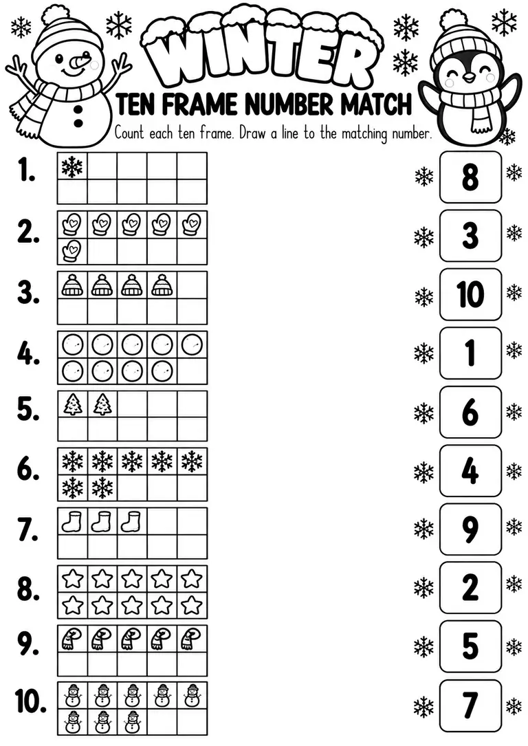 Winter Ten Frame Number Match for Pre-K, Kindergarten, 1st Grade