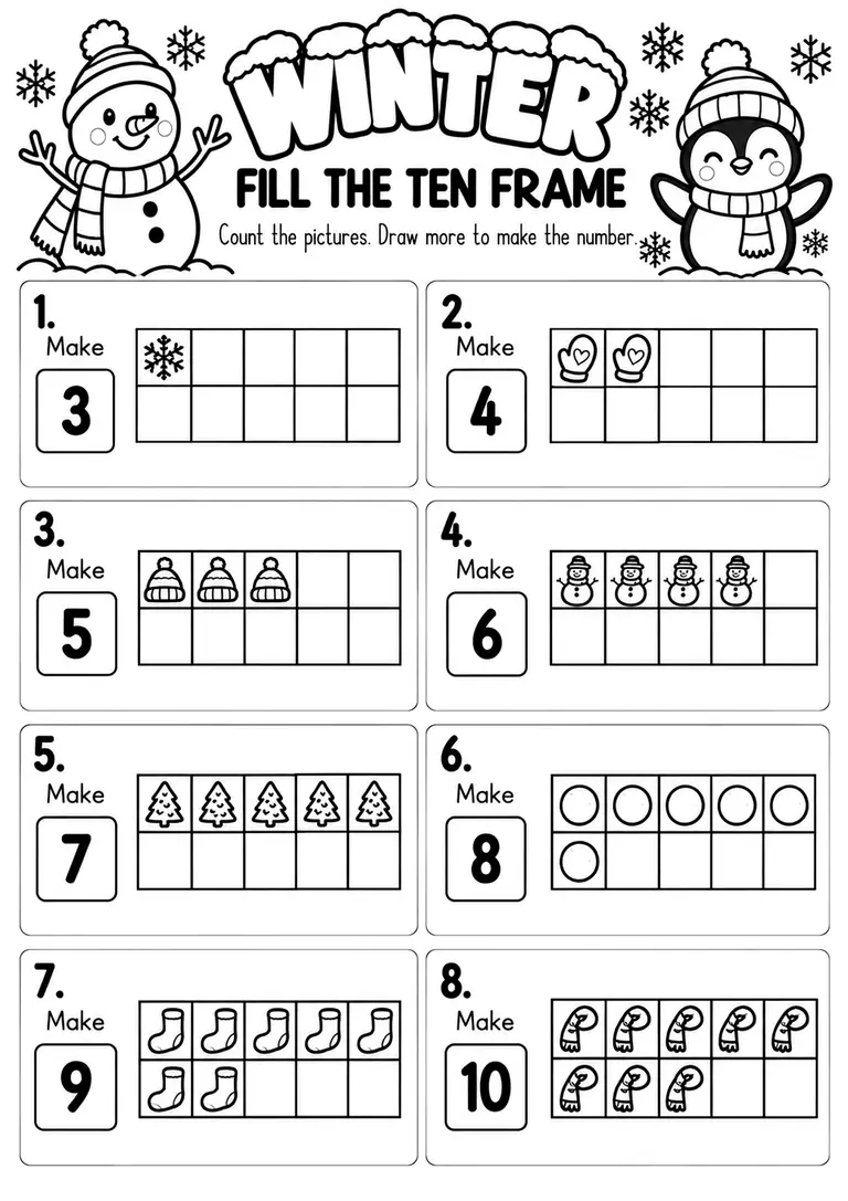Winter Fill the Ten Frame WORKSHEET for Pre-K, Kindergarten, 1st Grade