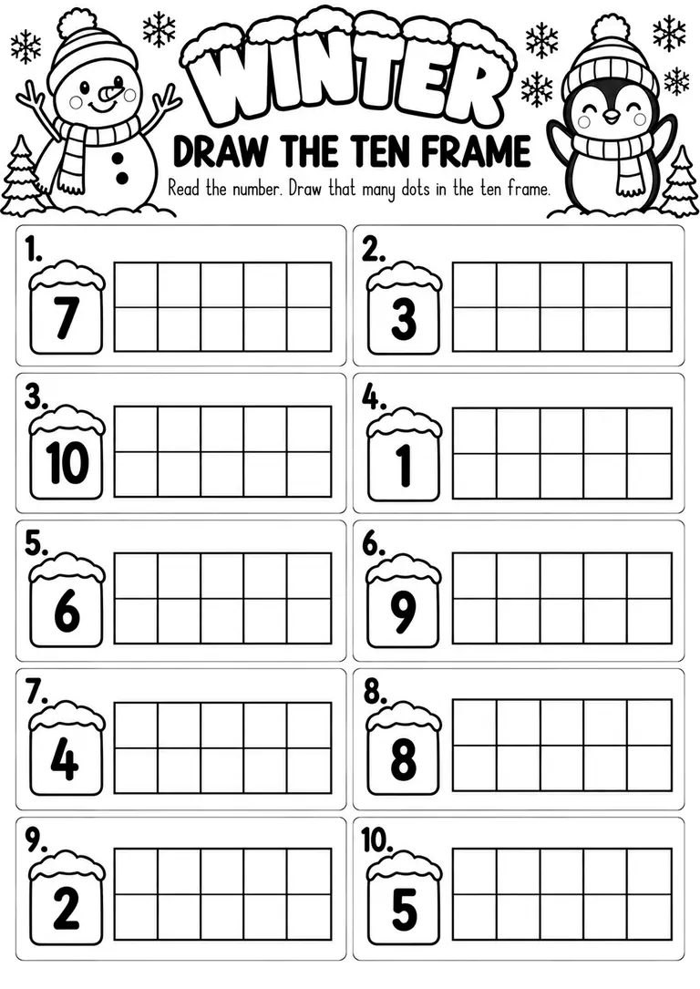 Winter Draw the Ten Frame for Pre-K, Kindergarten, 1st Grade