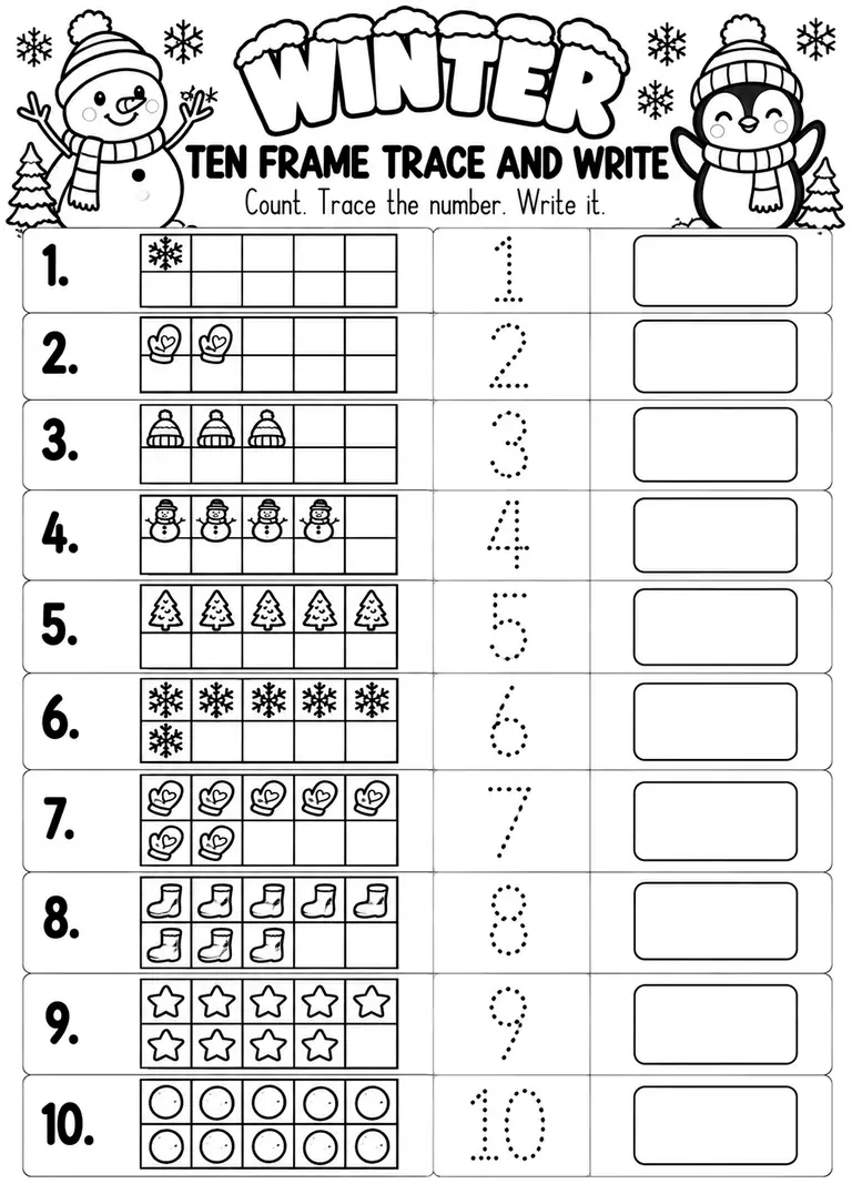 Winter Ten Frame Trace and Write for Pre-K, Kindergarten, 1st Grade