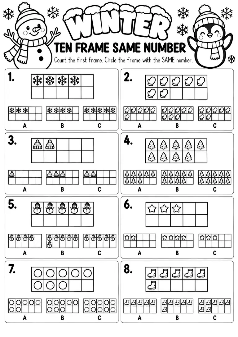 Winter Ten Frame Same Number for Pre-K, Kindergarten, 1st Grade