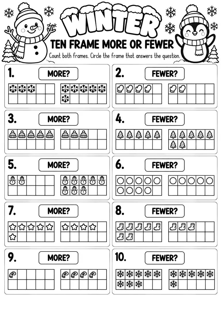 Winter Ten Frame More or Fewer for Pre-K, Kindergarten, 1st Grade