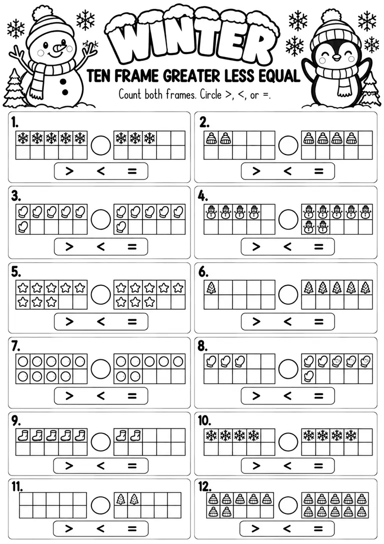 Winter Ten Frame Greater Less Equal for Pre-K, Kindergarten, 1st Grade
