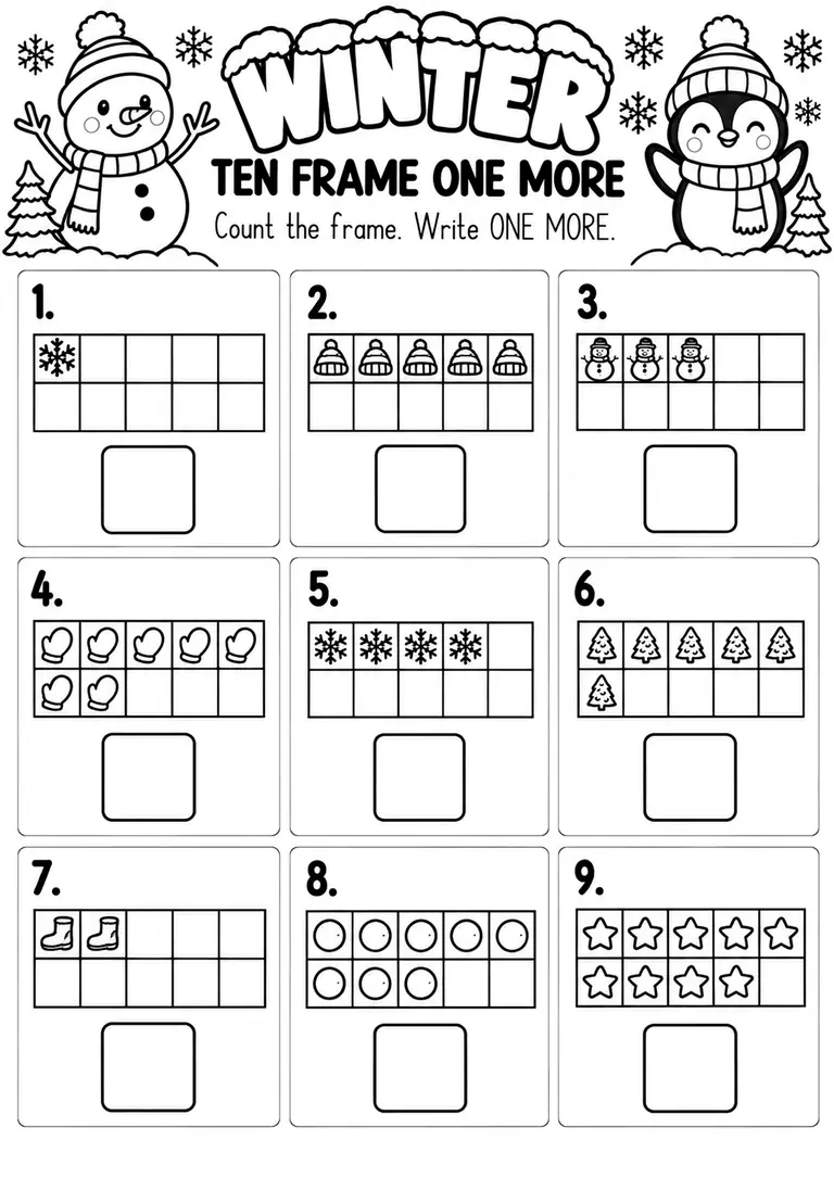 Winter Ten Frame One More for Pre-K, Kindergarten, 1st Grade
