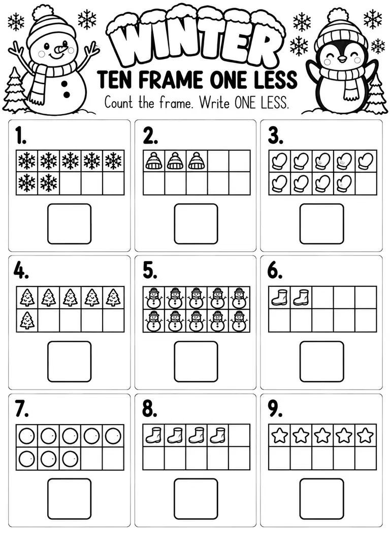 Winter Ten Frame One Less for Pre-K, Kindergarten, 1st Grade