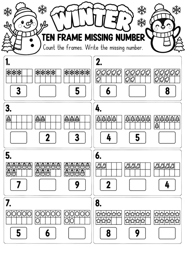 Winter Ten Frame Missing Number for Pre-K, Kindergarten, 1st Grade