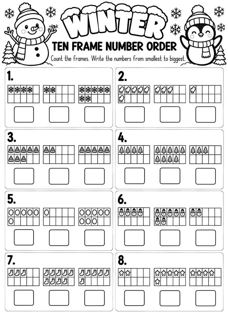 Winter Ten Frame Number Order for Pre-K, Kindergarten, 1st Grade