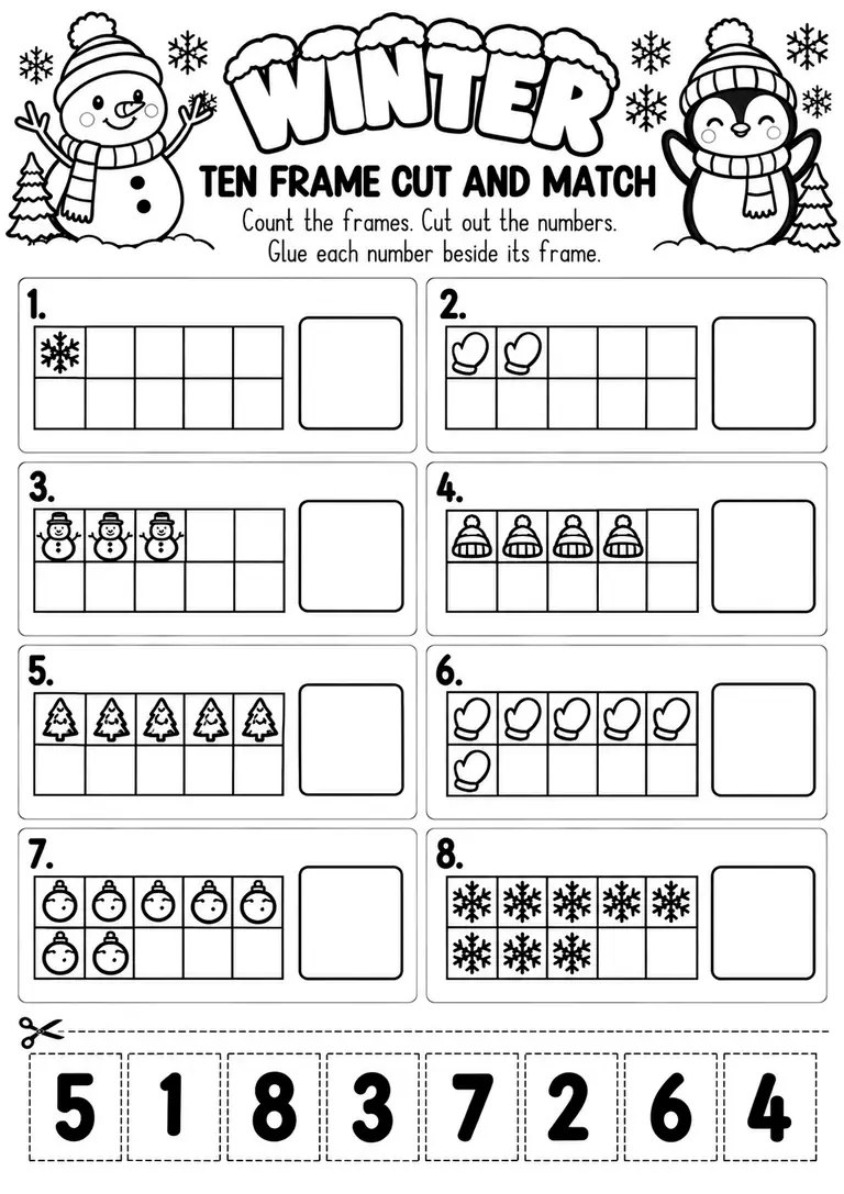 Winter Ten Frame Cut and Match for Pre-K, Kindergarten, 1st Grade