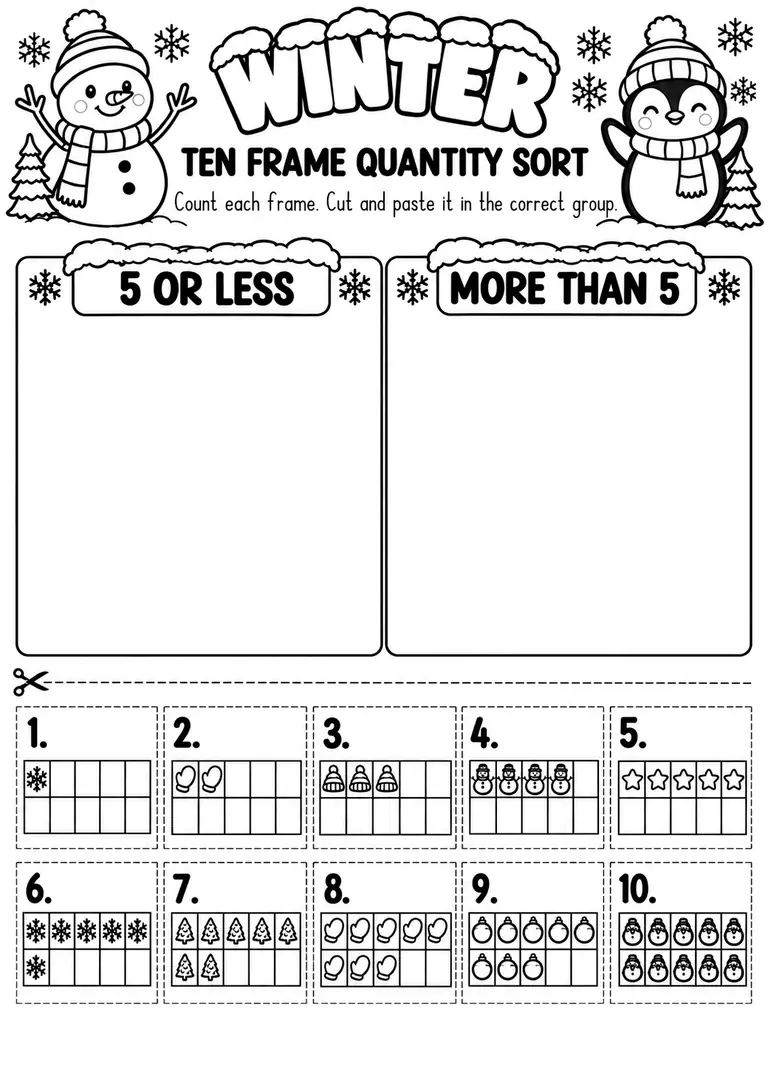 Winter Ten Frame Quantity Sort for Pre-K, Kindergarten, 1st Grade