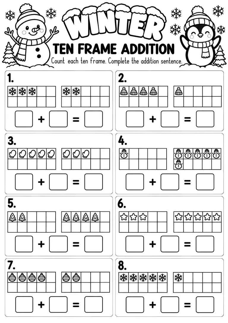 Winter Ten Frame Addition for Pre-K, Kindergarten, 1st Grade