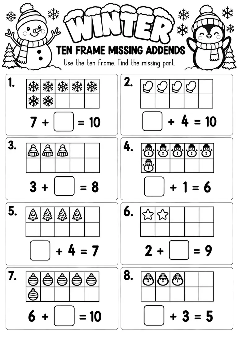 Winter Ten Frame Missing Addends for Pre-K, Kindergarten, 1st Grade