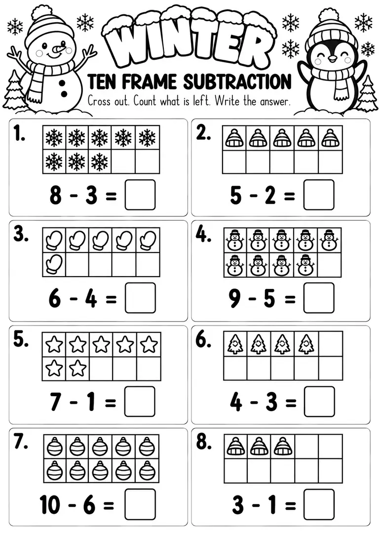 Winter Ten Frame Subtraction for Pre-K, Kindergarten, 1st Grade