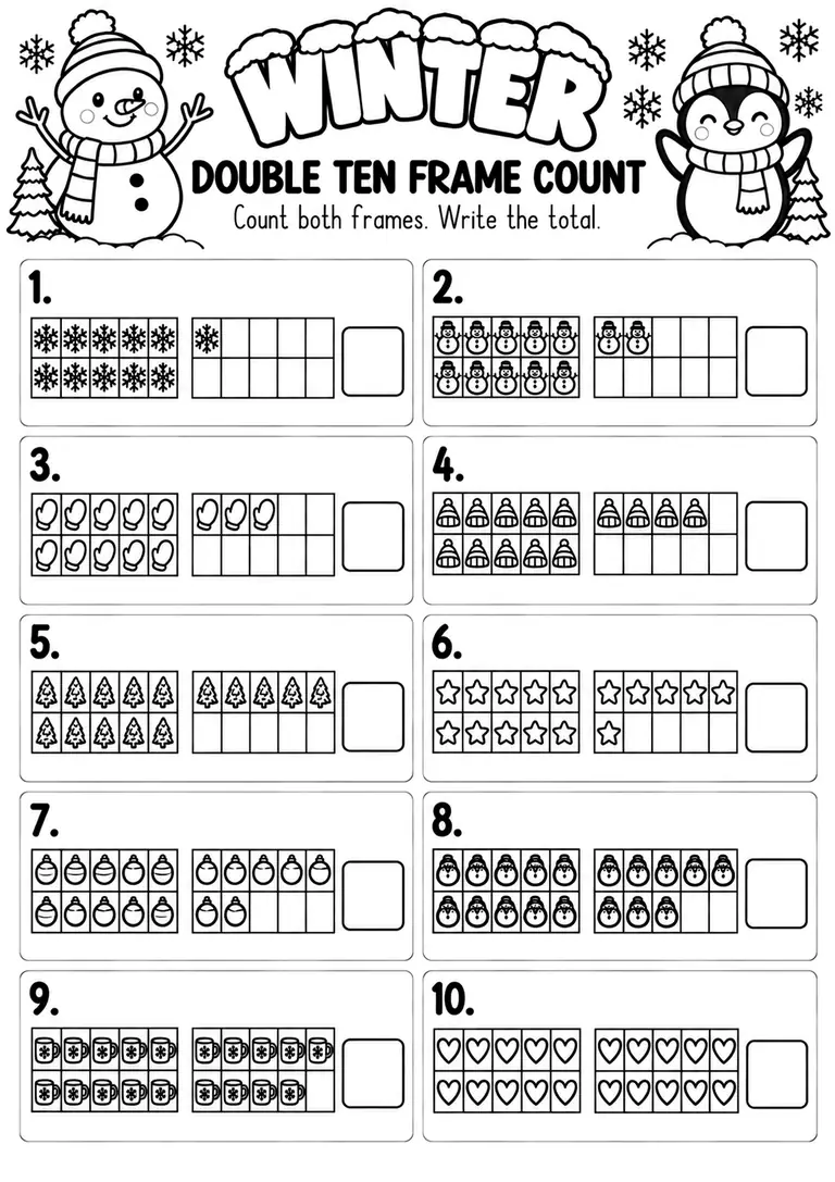 Winter Double Ten Frame Count for Pre-K, Kindergarten, 1st Grade