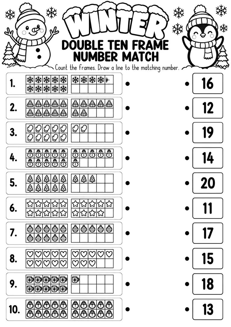 Winter Double Ten Frame Number Match for Pre-K, Kindergarten, 1st Grade