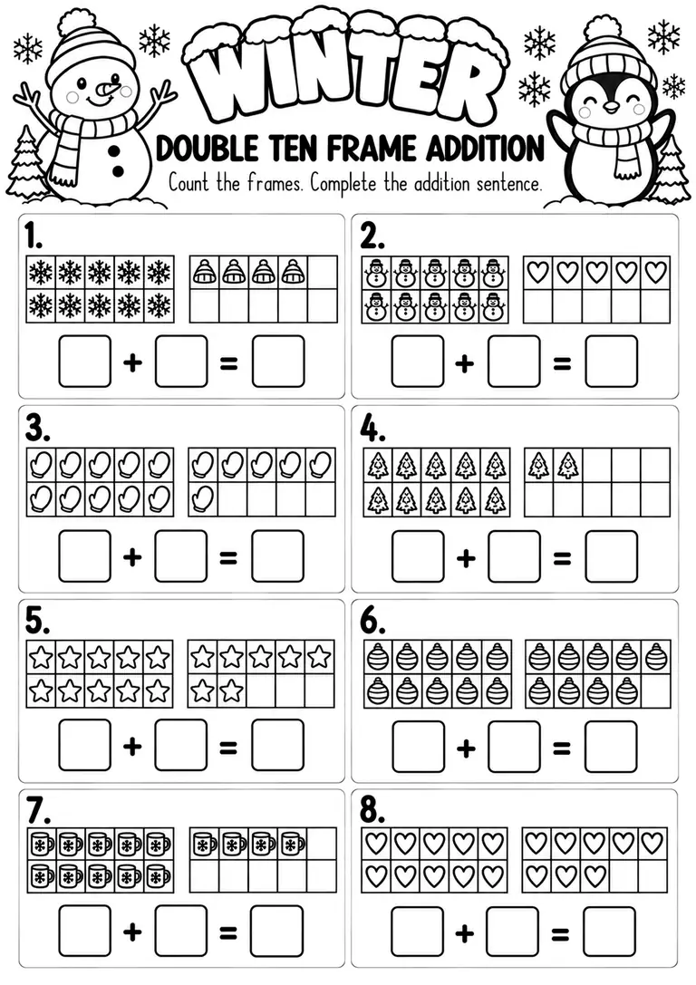 Winter Double Ten Frame Addition for Pre-K, Kindergarten, 1st Grade