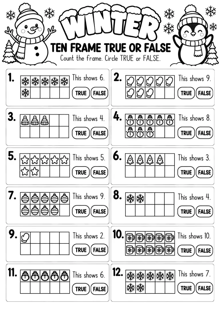 Winter Ten Frame True or False for Pre-K, Kindergarten, 1st Grade