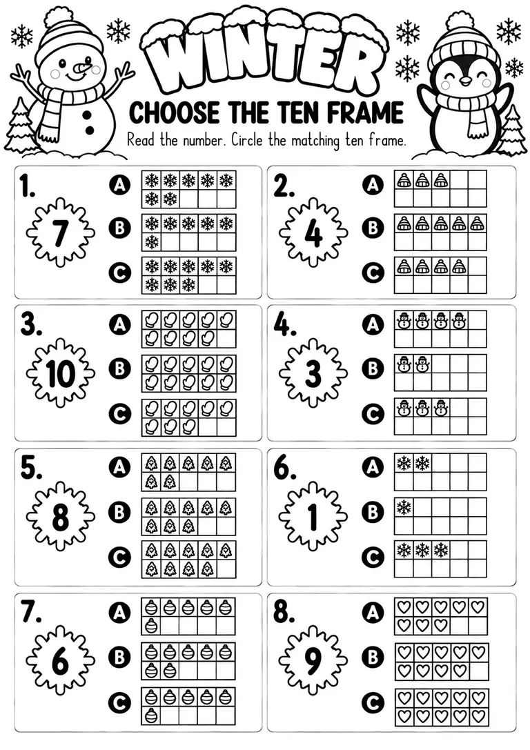 Winter Choose the Ten Frame for Pre-K, Kindergarten, 1st Grade