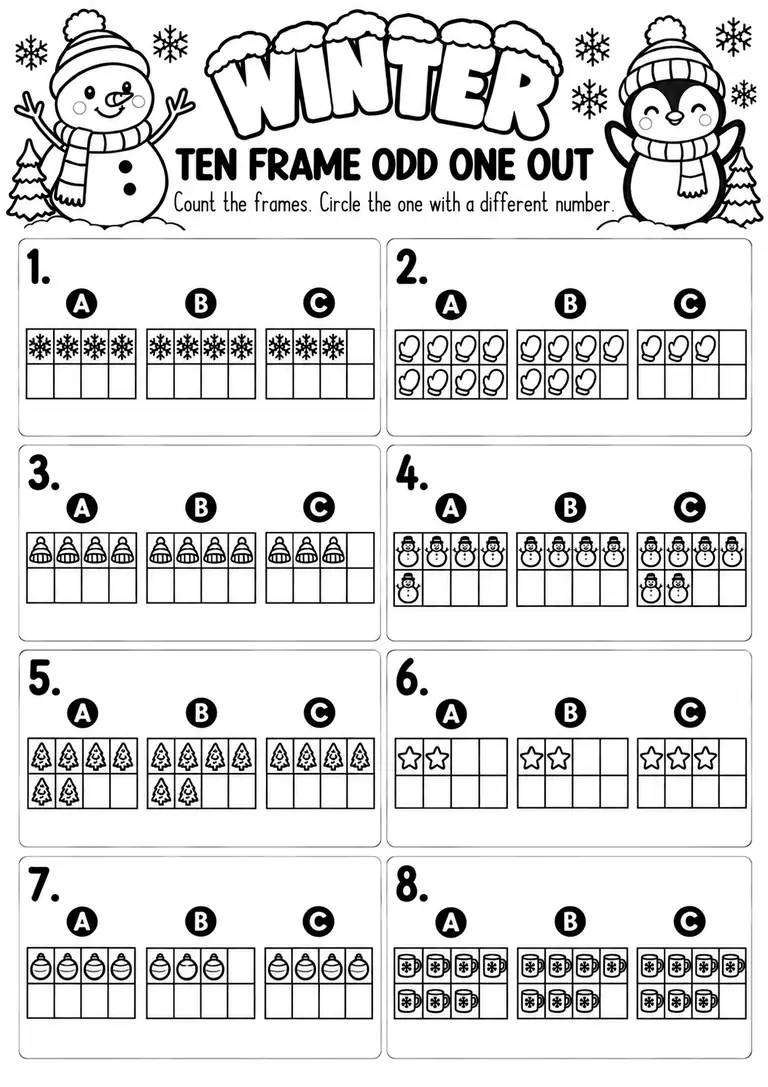 Winter Ten Frame Odd One Out for Pre-K, Kindergarten, 1st Grade