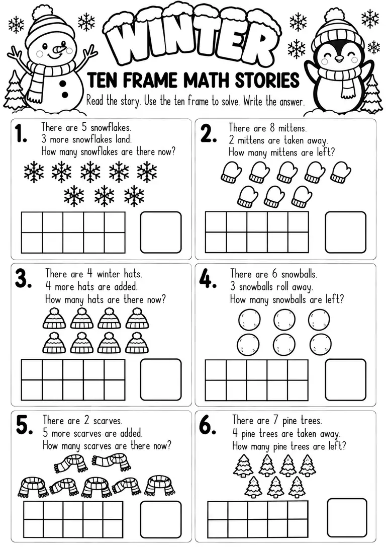Winter Ten Frame Math Stories for Pre-K, Kindergarten, 1st Grade