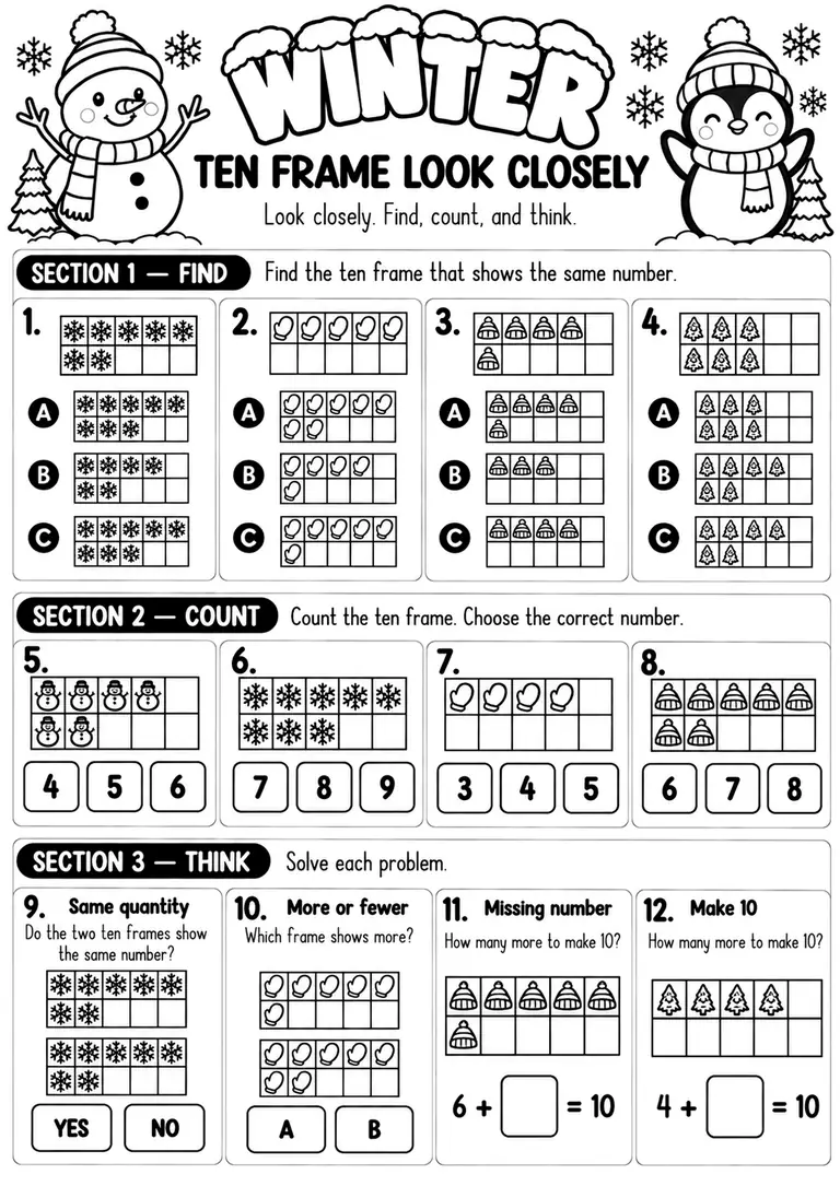 Winter Ten Frame Look Closely for Pre-K, Kindergarten, 1st Grade
