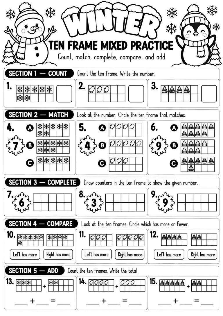 Winter Ten Frame Mixed Practice for Pre-K, Kindergarten, 1st Grade