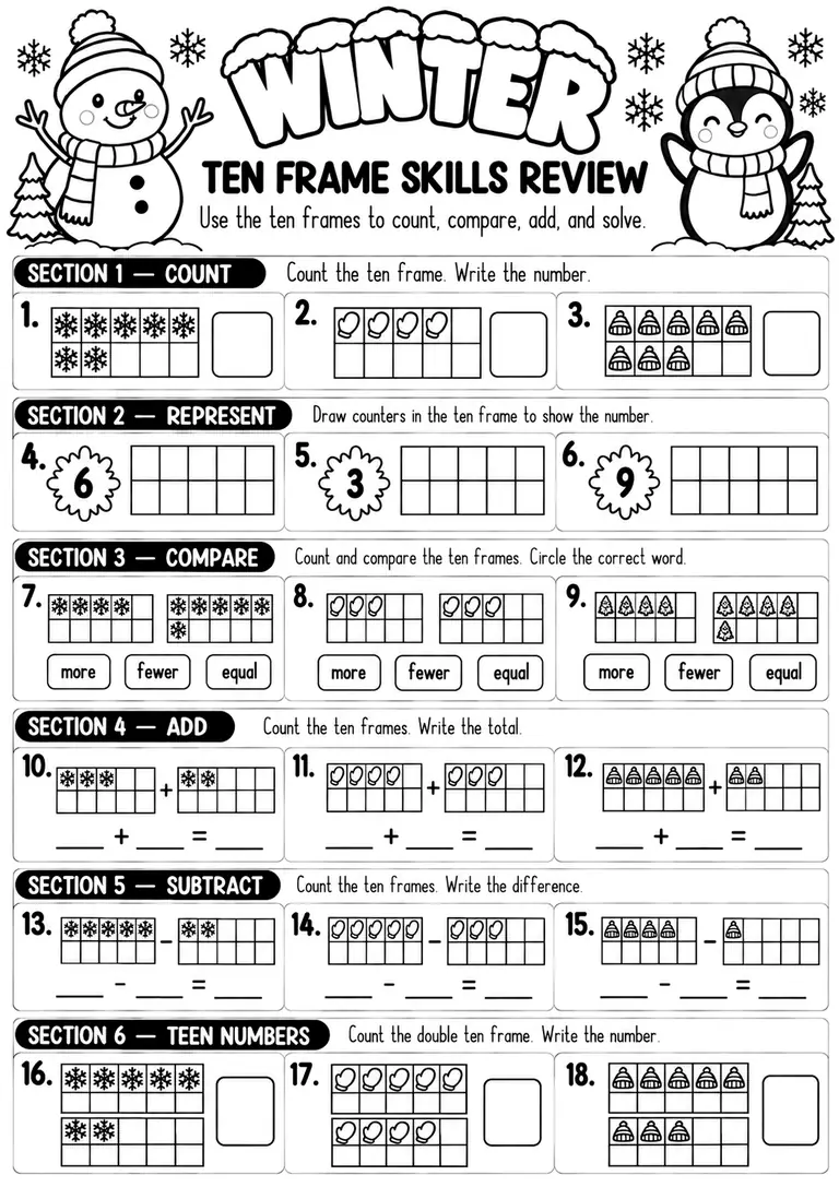 Winter Ten Frame Skills Review for Pre-K, Kindergarten, 1st Grade