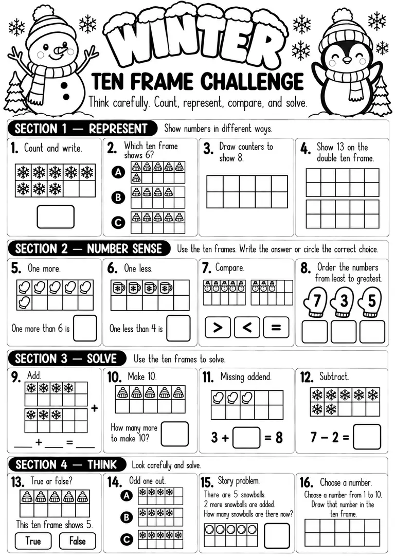 Winter Ten Frame Challenge for Pre-K, Kindergarten, 1st Grade
