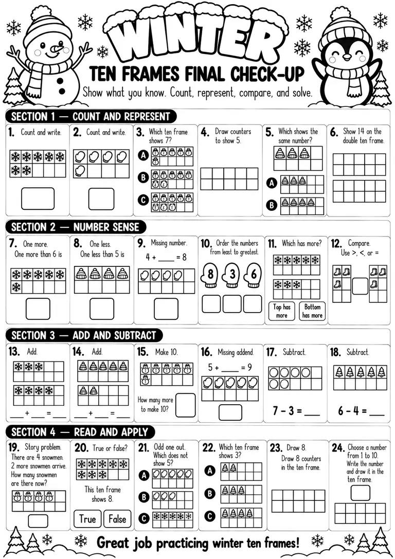Winter Ten Frames Final Check-Up for Pre-K, Kindergarten, 1st Grade