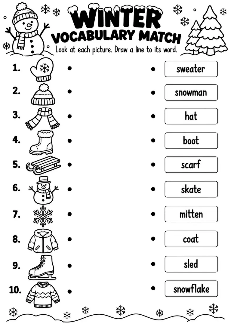 WINTER VOCABULARY MATCH for Pre-K, Kindergarten, 1st Grade