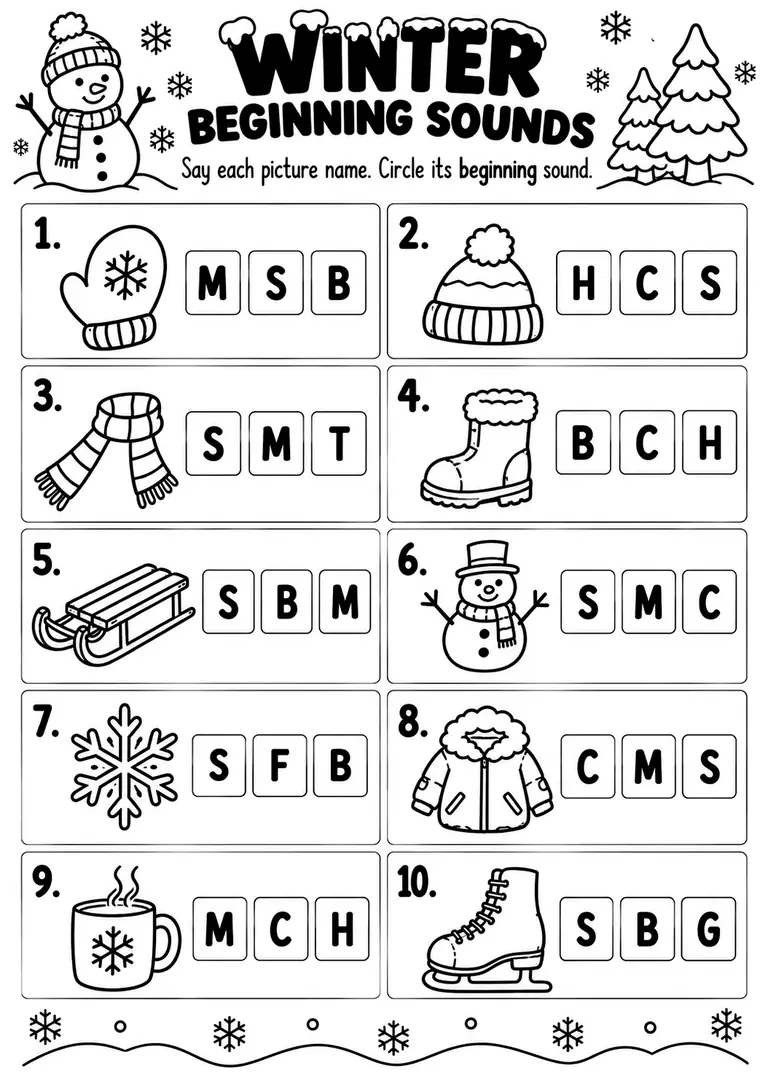WINTER BEGINNING SOUNDS for Pre-K, Kindergarten, 1st Grade