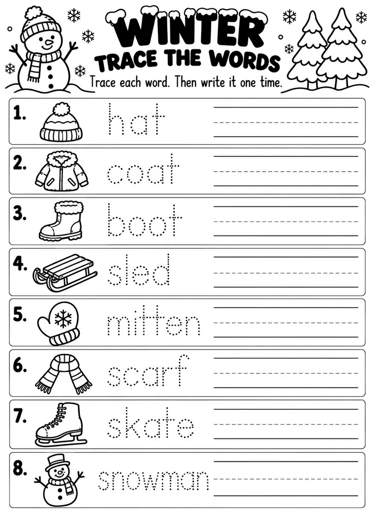 WINTER TRACE THE WORDS for Pre-K, Kindergarten, 1st Grade