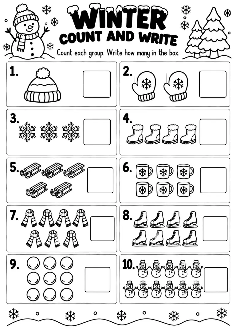 WINTER COUNT AND WRITE for Pre-K, Kindergarten, 1st Grade