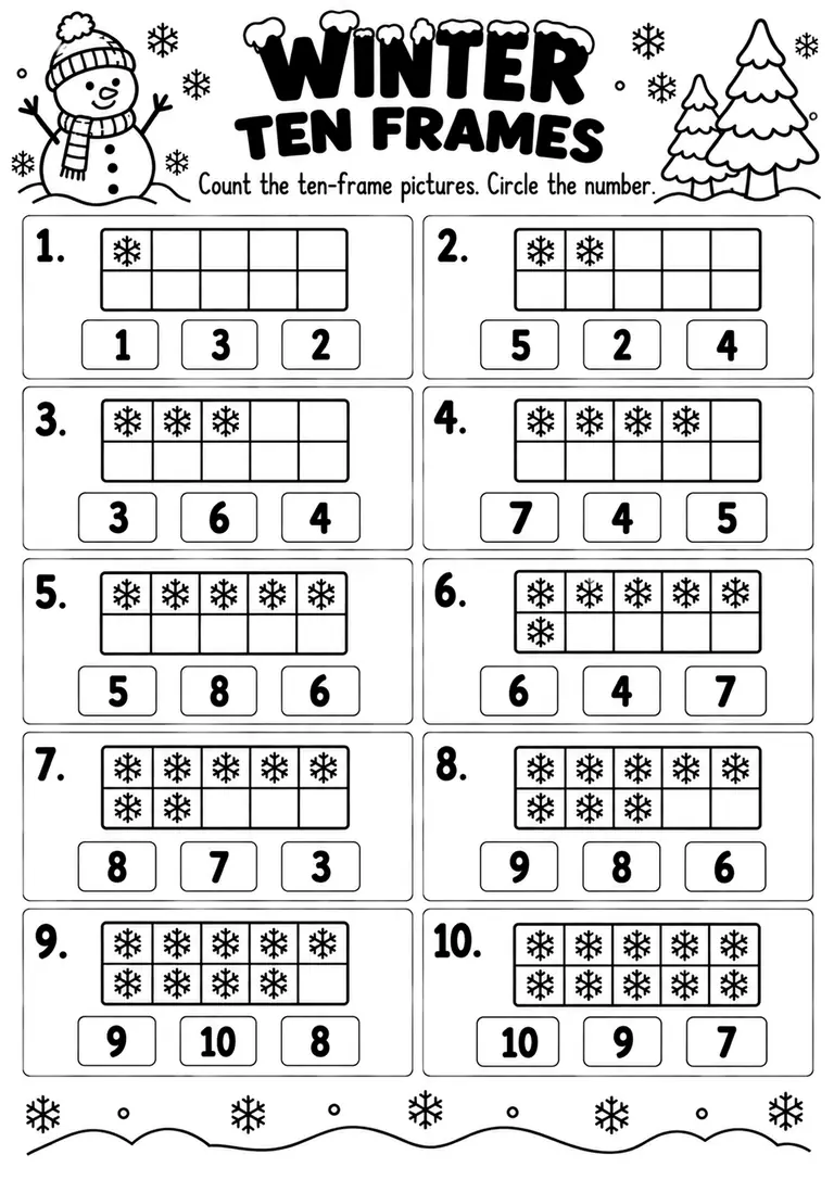 WINTER TEN FRAMES for Pre-K, Kindergarten, 1st Grade