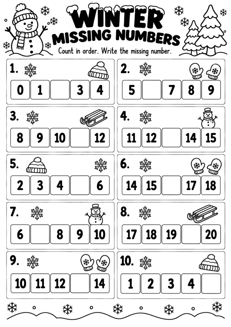WINTER MISSING NUMBERS for Pre-K, Kindergarten, 1st Grade