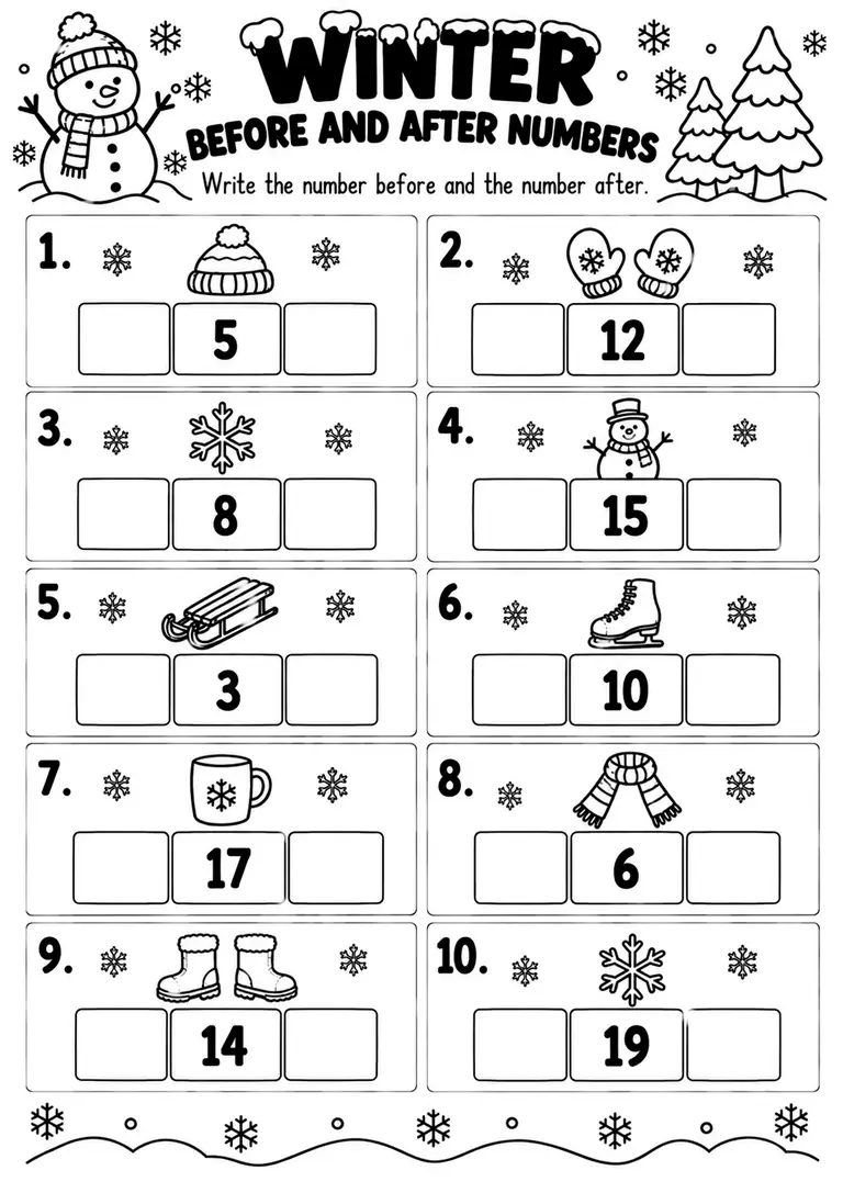 WINTER BEFORE AND AFTER NUMBERS for Pre-K, Kindergarten, 1st Grade