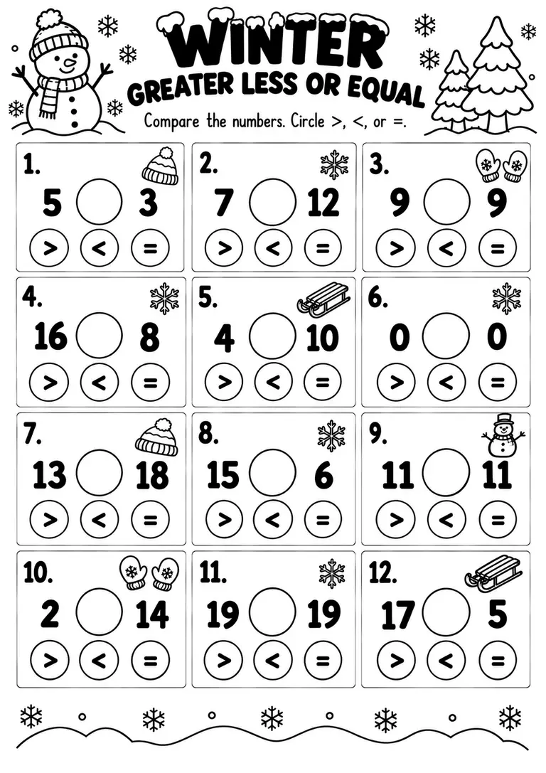 WINTER GREATER LESS OR EQUAL for Pre-K, Kindergarten, 1st Grade