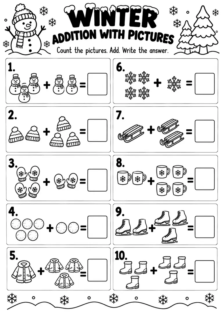 WINTER ADDITION WITH PICTURES for Pre-K, Kindergarten, 1st Grade