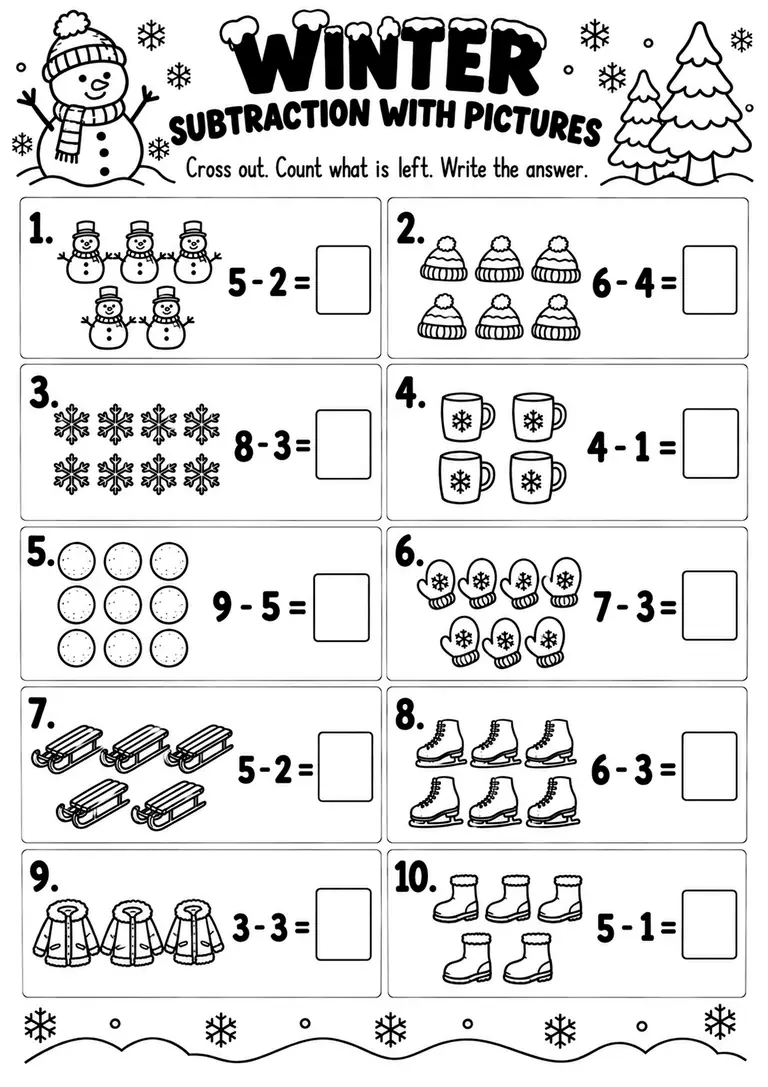WINTER SUBTRACTION WITH PICTURES for Pre-K, Kindergarten, 1st Grade