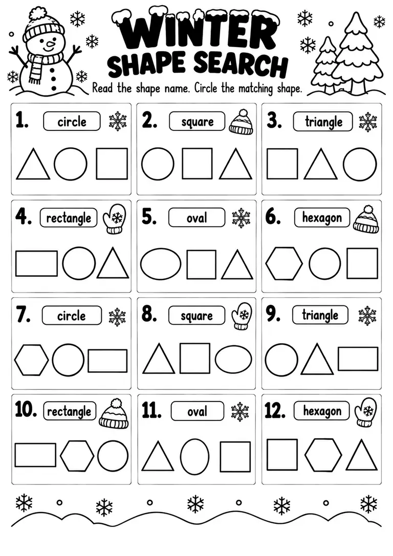 WINTER SHAPE SEARCH for Pre-K, Kindergarten, 1st Grade