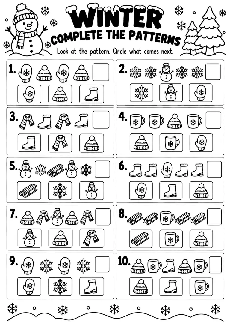 WINTER COMPLETE THE PATTERNS for Pre-K, Kindergarten, 1st Grade