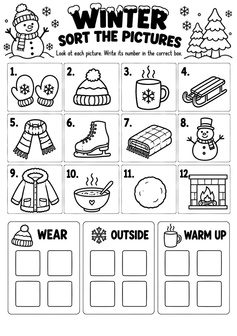 WINTER SORT THE PICTURES for Pre-K, Kindergarten, 1st Grade