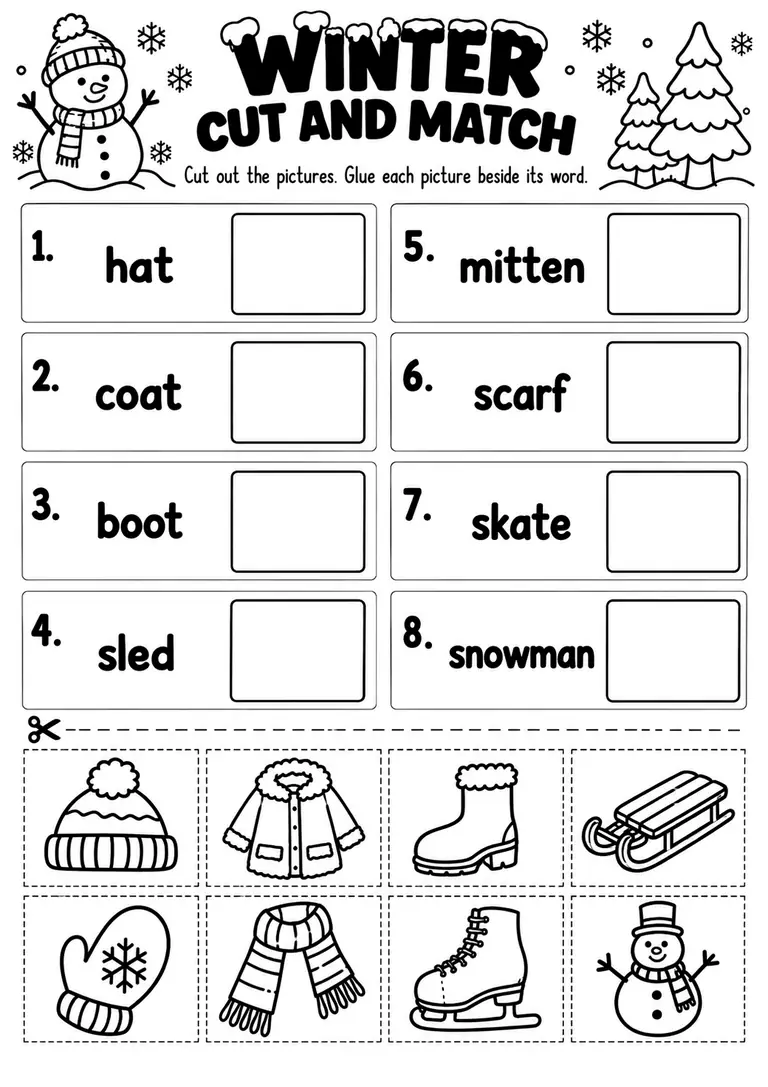 WINTER CUT AND MATCH for Pre-K, Kindergarten, 1st Grade