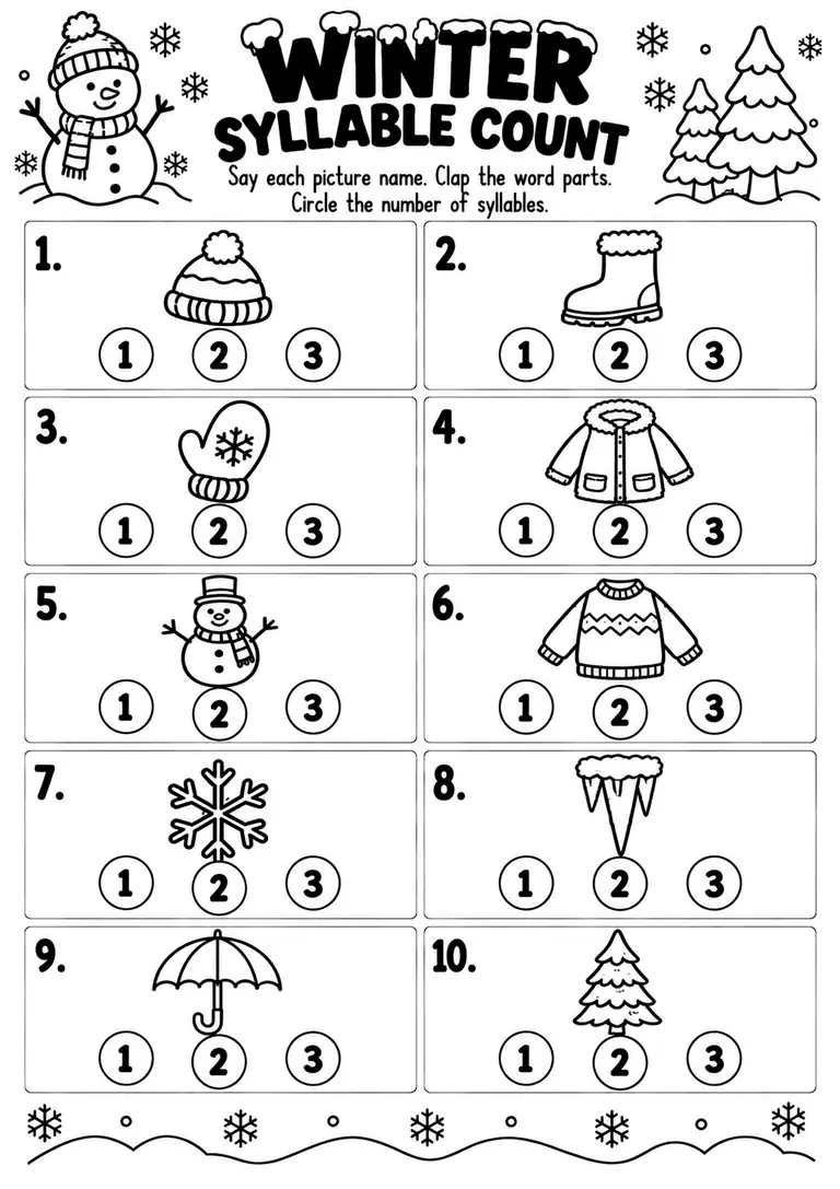 WINTER SYLLABLE COUNT for Pre-K, Kindergarten, 1st Grade