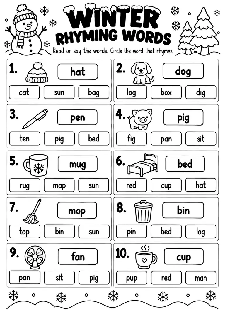 WINTER RHYMING WORDS for Pre-K, Kindergarten, 1st Grade
