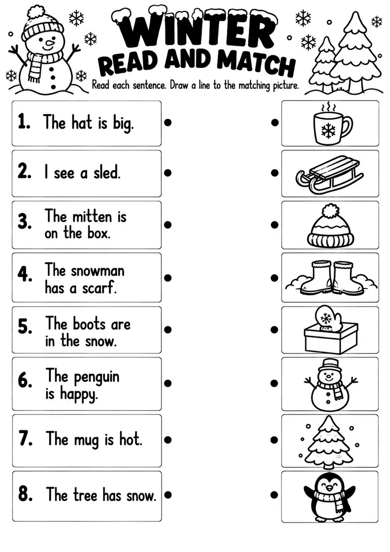 WINTER READ AND MATCH for Pre-K, Kindergarten, 1st Grade