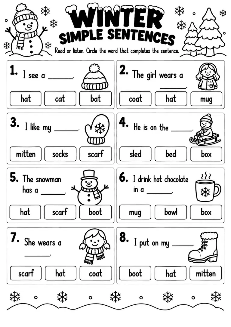 WINTER SIMPLE SENTENCES for Pre-K, Kindergarten, 1st Grade