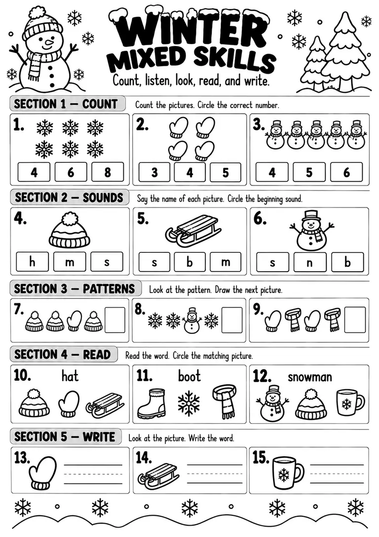 WINTER MIXED SKILLS for Pre-K, Kindergarten, 1st Grade
