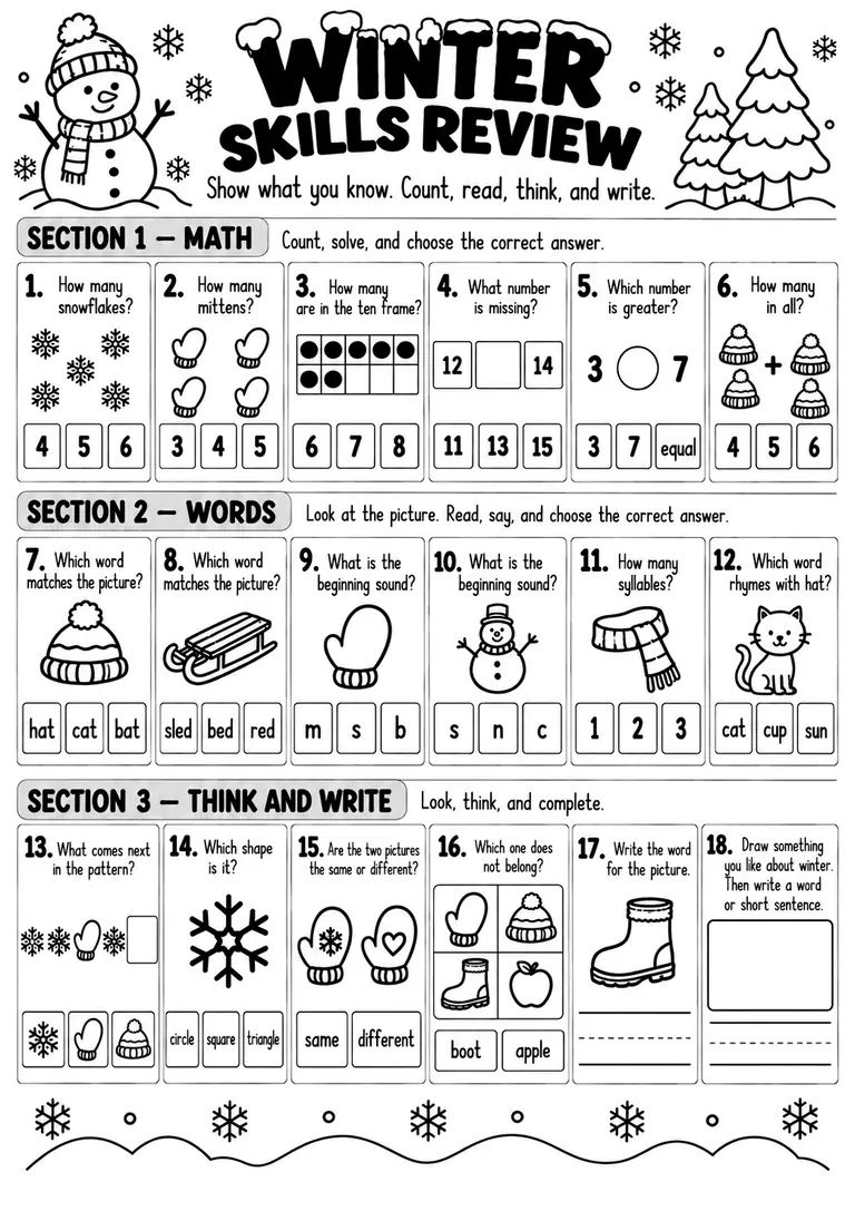 WINTER SKILLS REVIEW for Pre-K, Kindergarten, 1st Grade